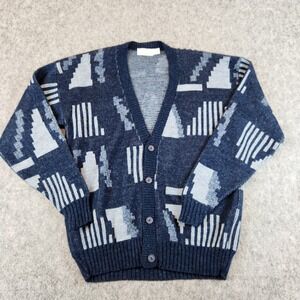 VTG The Mens Store Sears Cardigan Men M Blue USA Geometric Abstract Grandpa Knit